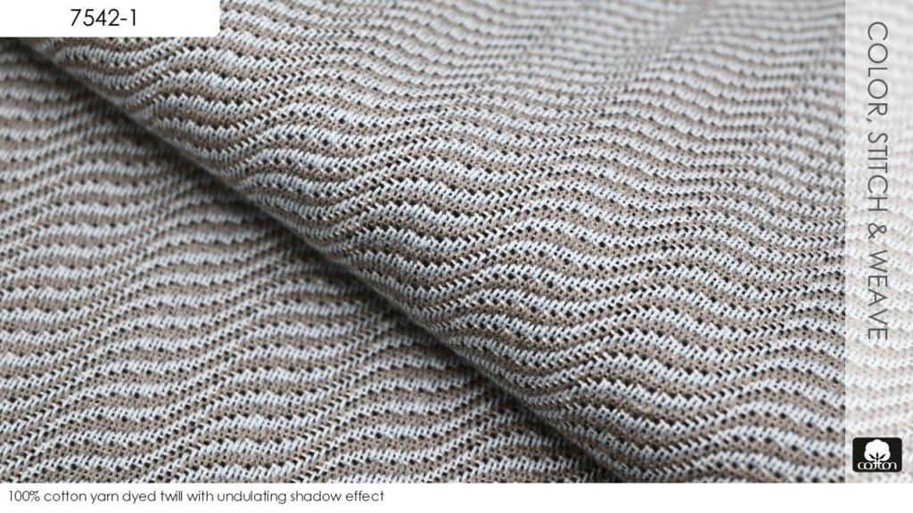 100% cotton yarn dyed twill with undulating shadow effect
