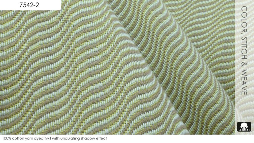 100% cotton yarn dyed twill with undulating shadow effect
