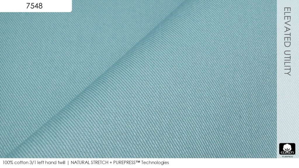 100% cotton 3/1 left hand twill | NATURAL STRETCH + PUREPRESS™ Technologies	
