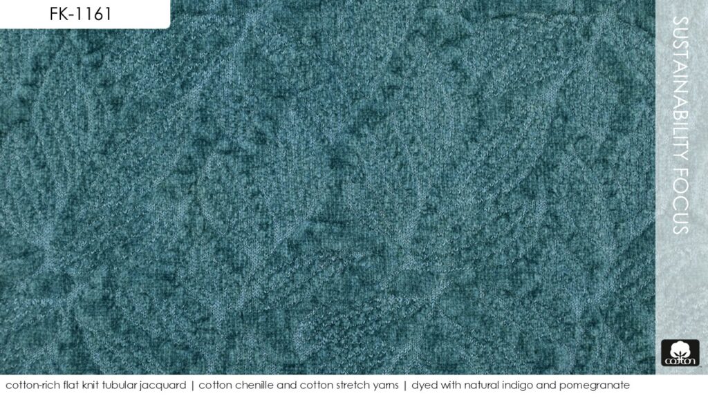 cotton-rich flat knit tubular jacquard | cotton chenille and cotton stretch yarns | dyed with natural indigo and pomegranate
