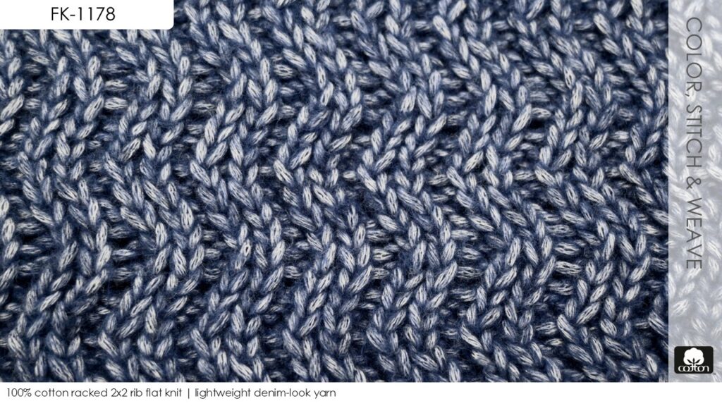 100% cotton racked 2x2 rib flat knit | lightweight denim-look yarn 
