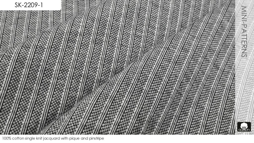 100% cotton single knit jacquard with pique and pinstripe 
