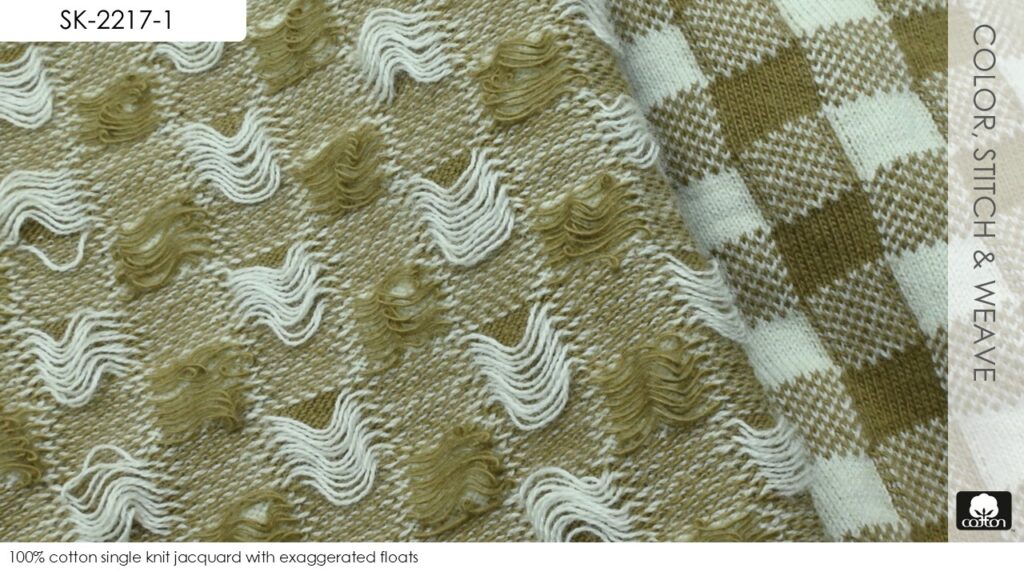 100% cotton single knit jacquard with exaggerated floats
