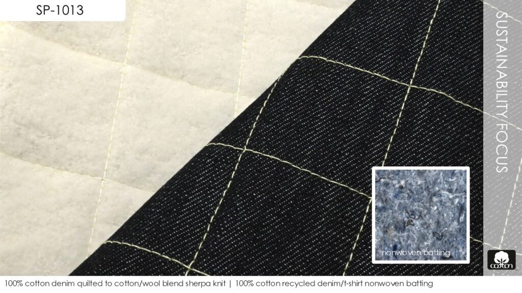 100% cotton denim quilted to cotton/wool blend sherpa knit | 100% cotton recycled denim/t-shirt nonwoven batting
